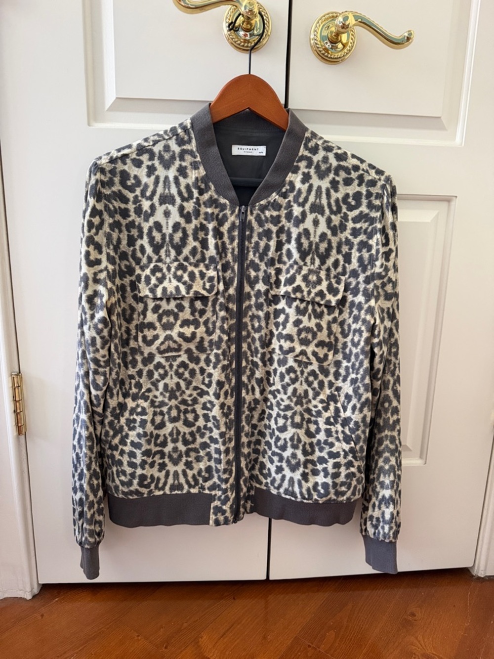 Equipment Leopard-Print Bomber Jacket in Grey and Cream